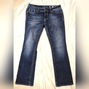 Miss Me Women's Boot cut Rhinestone Embellished back pocket blue jeans, Size 33